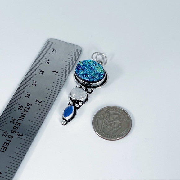 Sterling Silver 925 Long Titanium Druzy Rainbow Moonstone Chalcedony Pendant l - Picture 6 of 6